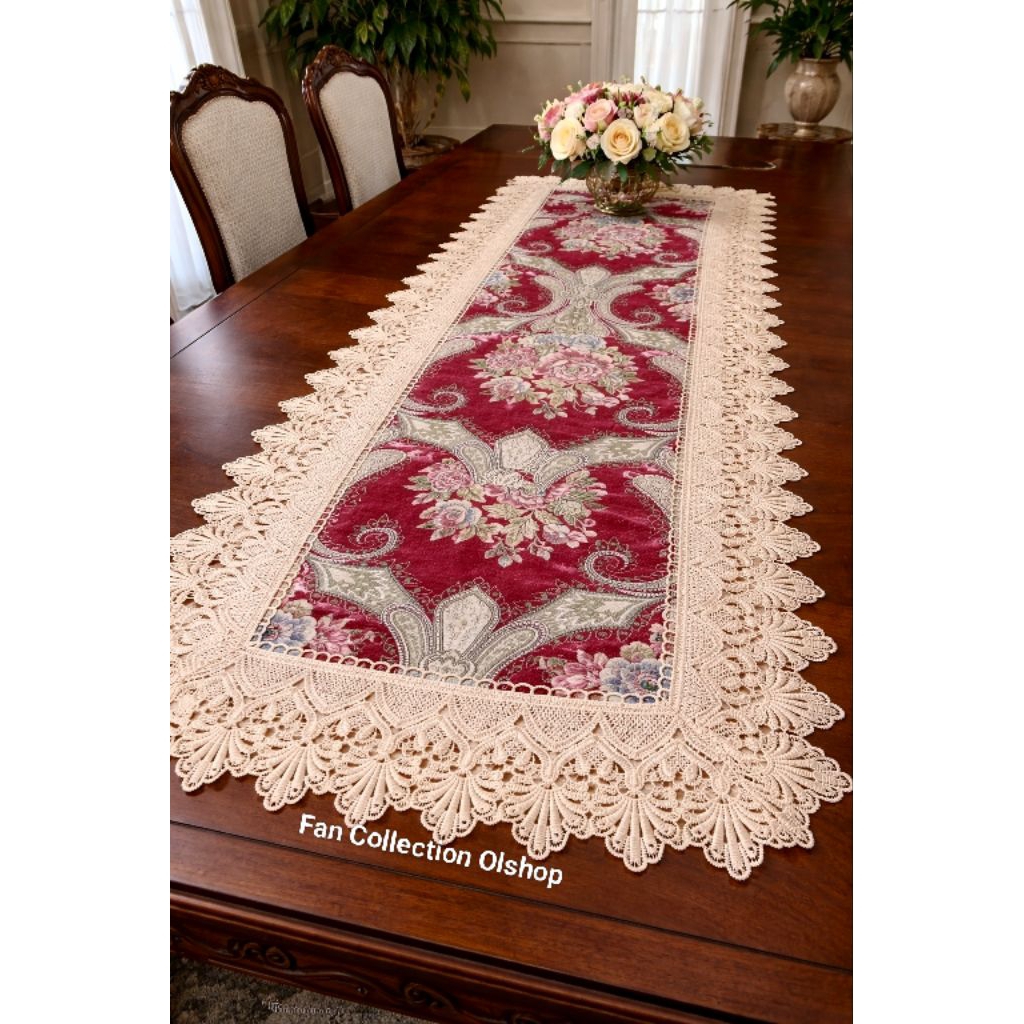 Taplak Meja Tamu Panjang Singapore Table Runner Buffet Bunga Merah Maroon Impor Renda Premium Eropa