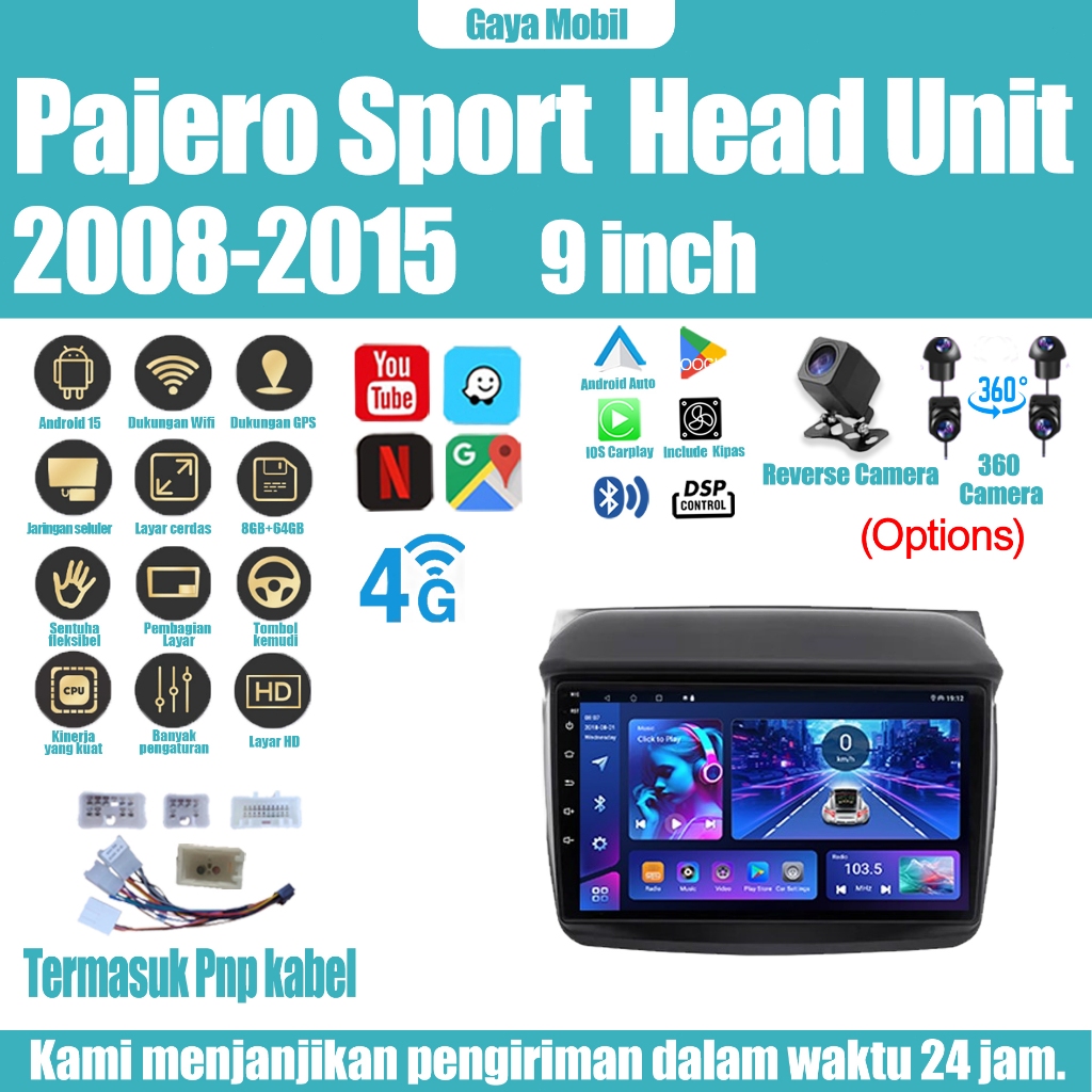 Pajero Sport 2008-2015 Head Unit 8 Chip Nuklir 8+64GB/8+128GB Android 15 9 Inch Head Unit Dukungan C