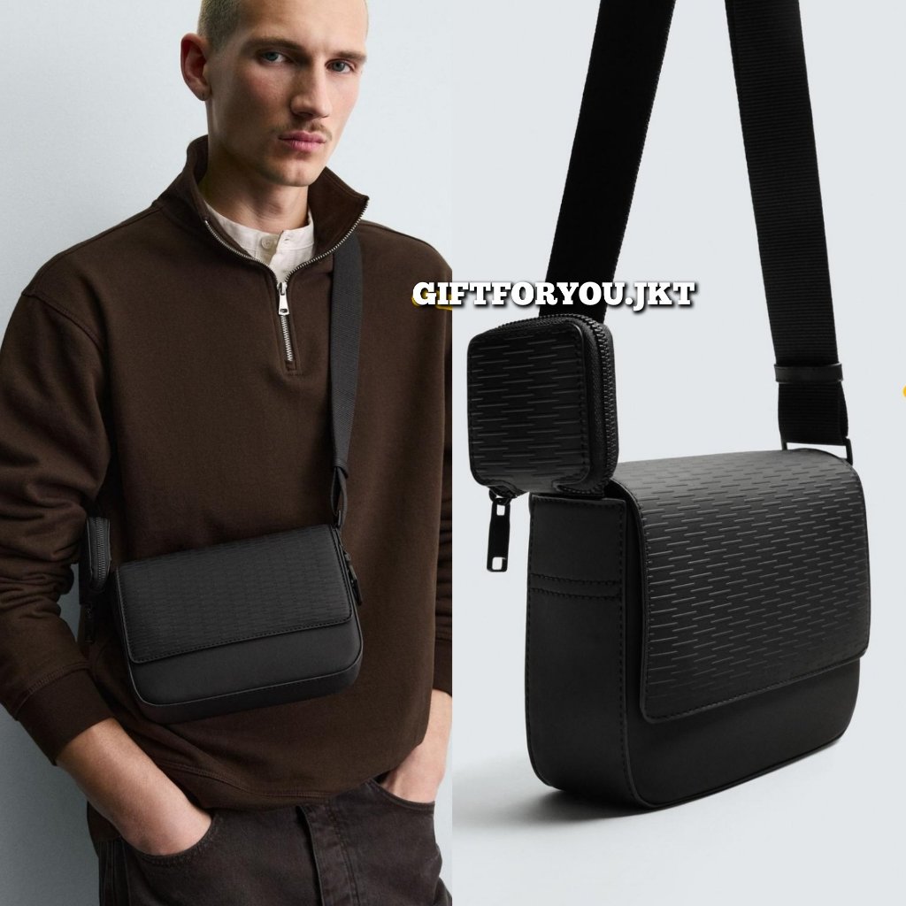 Tas Pria Zara Rubberised Textured Crossbody Bag With Coin Purse Black Hitam Original Cowok Pria Man 