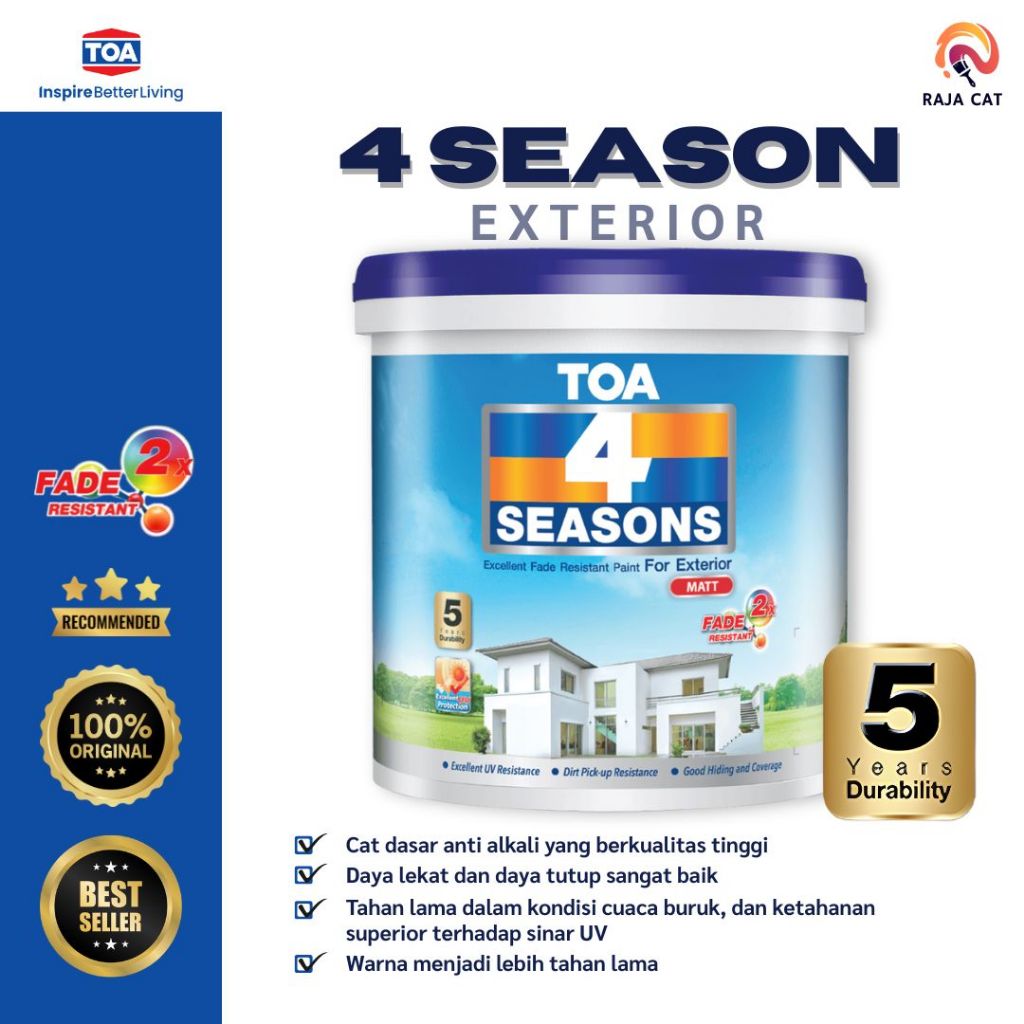 TOA 4 Seasons Cat Tembok Exterior Base Putih 2,5 Kg | Anti Jamur & Cuaca