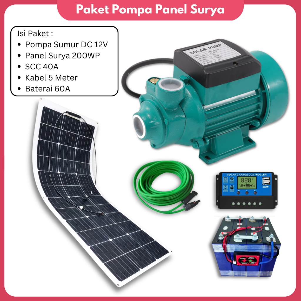 Pompa Air Solar Panel Paket Pompa Sumur Tenaga Matahari DC 12V Pompa Irigasi dan Panel Surya 200 WP