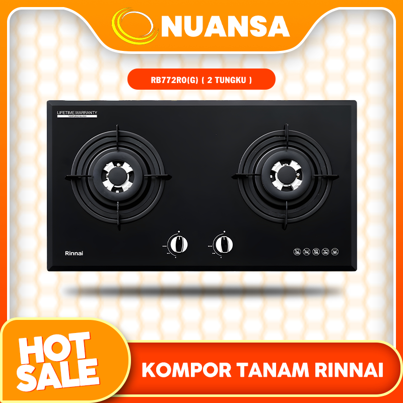 kompor tanam Rinnai RB-772RO(G) mencakup 2 tungku, material Tempered Glass hitam, kekuatan api 3.2 -