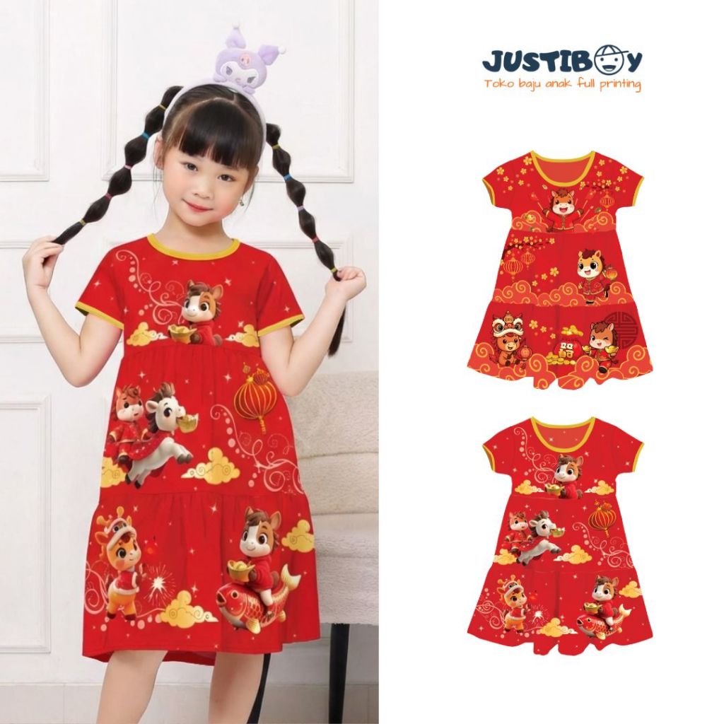 Daster Anak Perempuan Imlek Motif Shio Bahan Lycra Spandex Usia 3-9 Tahun [GABY]