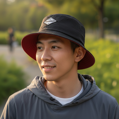 MERMOUNT | Topi Parasut Bolak Balik | Bucket Hat Hitam Merah | Parasut Premium Elegan