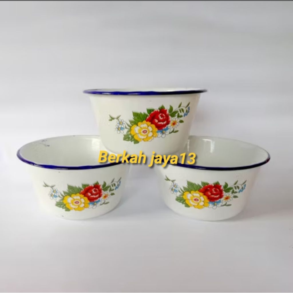 MANGKOK TINGGI JADUL 14 CM BASKOM KOBOKAN SENG ENAMEL KALENG MOTIF KEMBANG RRT 14CM MANGKUK 14JARI