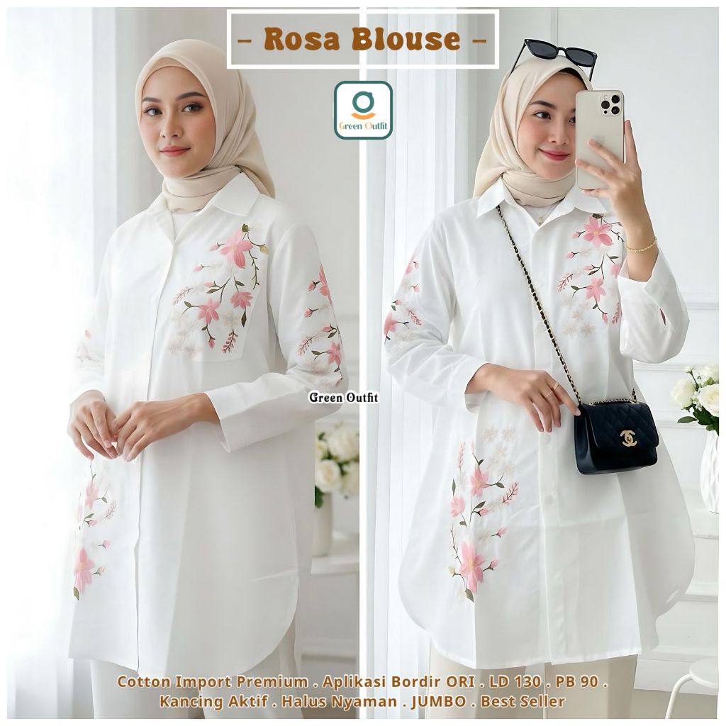 ROSA BLOUSE KATUN JUMBO LD 130 MOTIF BORDIR TERBARU BAJU ATASAN WANITA LENGAN PANJANG SIZE XXXL