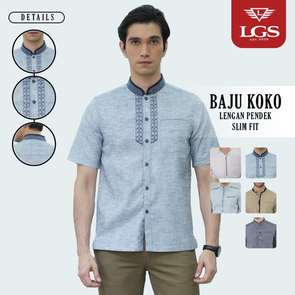 LGS - Baju Koko - Slim Fit - Lengan Pendek - Motif Polos - Baju Muslim Pria Dewasa