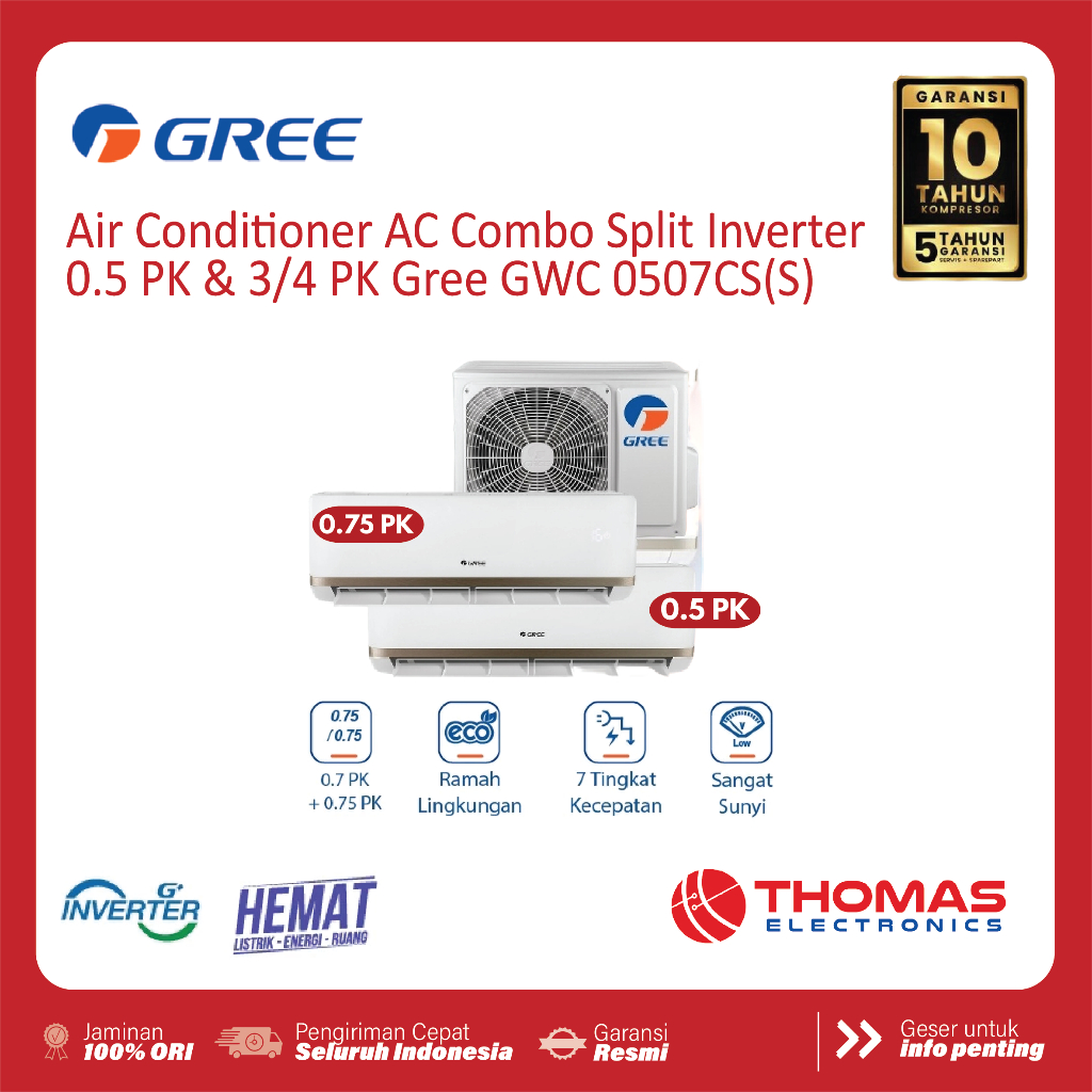 Air Conditioner Ac Combo Split Inverter 0.5 PK & 0.75 PK Gree Gree GWC 0507CSS 2 Indoor 1 Outdoor Ga