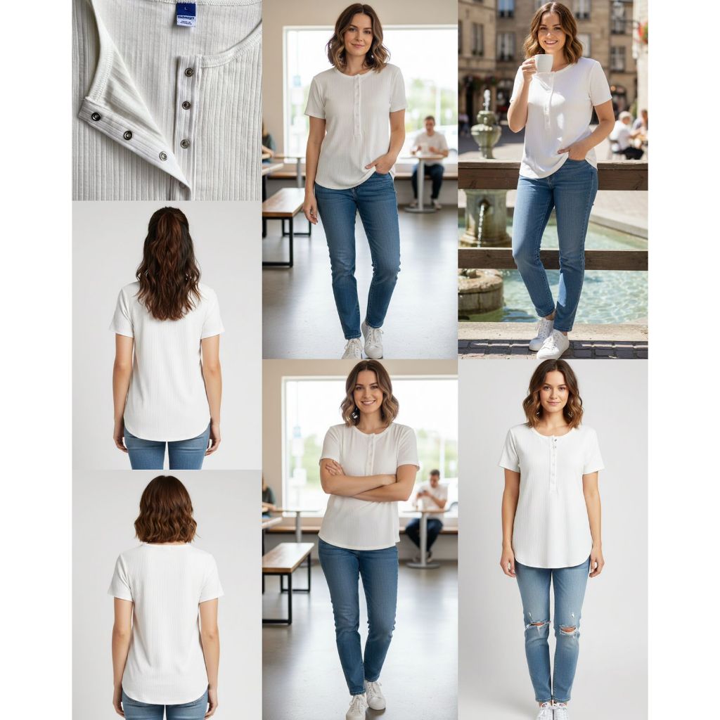 Kaos Lengan Pendek Wanita Henley Bahan Katun Rib Lembut | Women's White Short-Sleeve Ribbed T-Shirt 