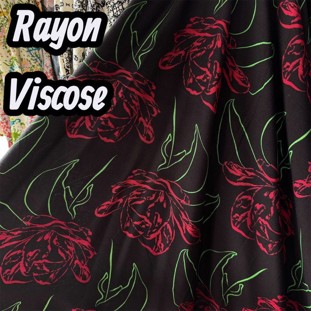 kain katun rayon viscose premium - motif  bunga mawar - adem dan lembut {LEBAR 150 CM}