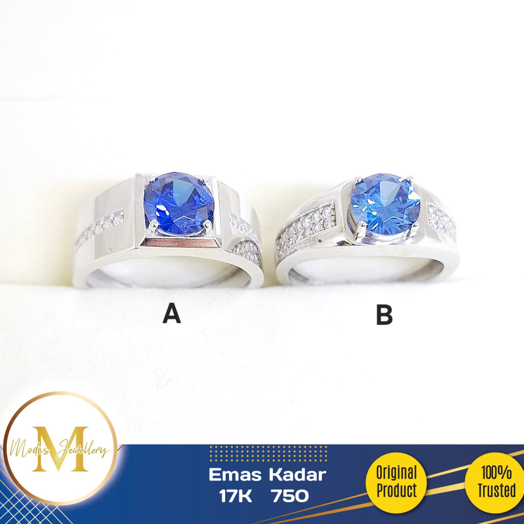 MODIS JEWELLERY - Cincin Pria Royal Blue Putih - Emas 17k  750