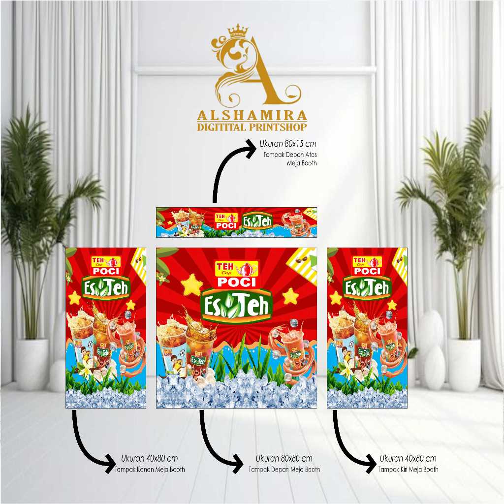 cetak spanduk banner paket hemat booth meja teh poci custom desain