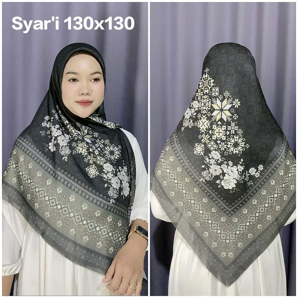 KERUDUNG SYAR'I JUMBO HIJAB SEGI EMPAT VOAL MOTIF BUNGA KHANZA HITAM UK 130X130 SYARI