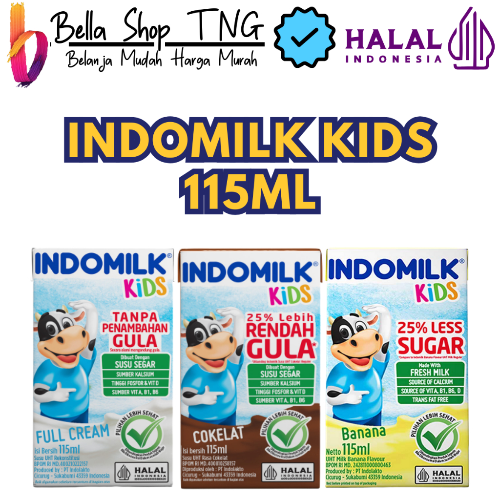 Indomilk Full Cream Plain - coklat less sugar - strawbeery - vanilla Susu UHT 115 x 5 pcs