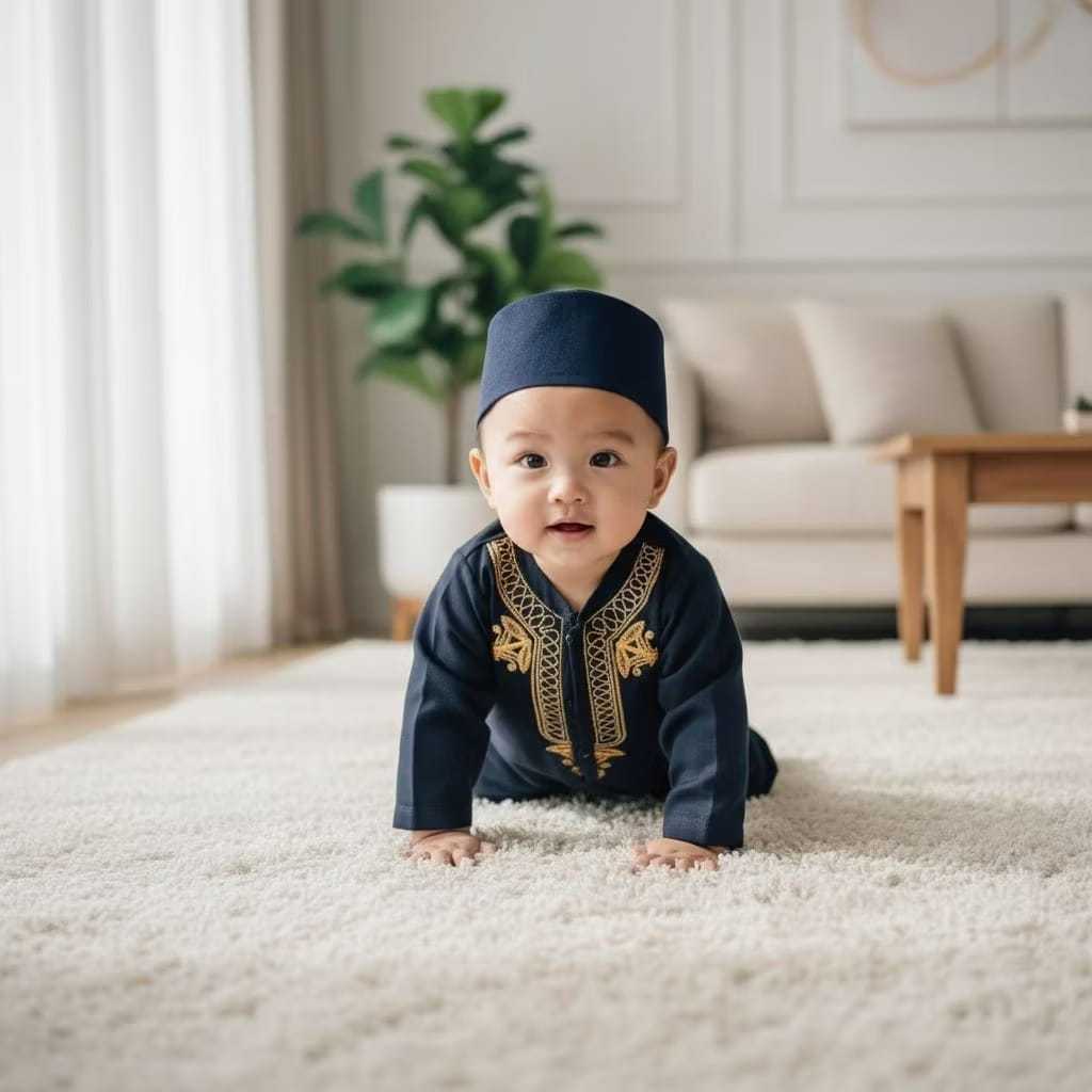 Baju Lebaran Koko Bayi Laki-Laki Newborn Baru Lahir 6 Bulan Katun Batik Hitam Set Peci SNI
