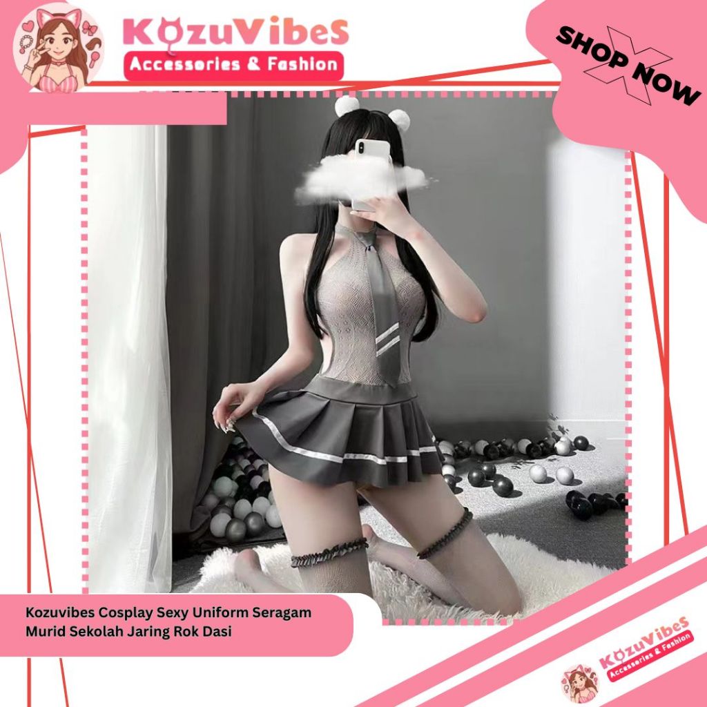 Kozuvibes Cosplay Sexy Uniform Seragam Murid Sekolah Jaring Rok Dasi