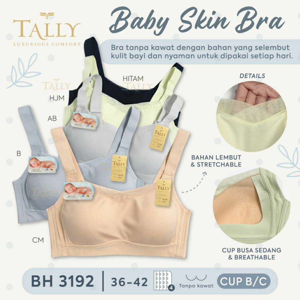 Tally Bra Babyskin Busa Tipis Tanpa Kawat Kait 4 Ukuran 36-42 Cup B/C art.3192