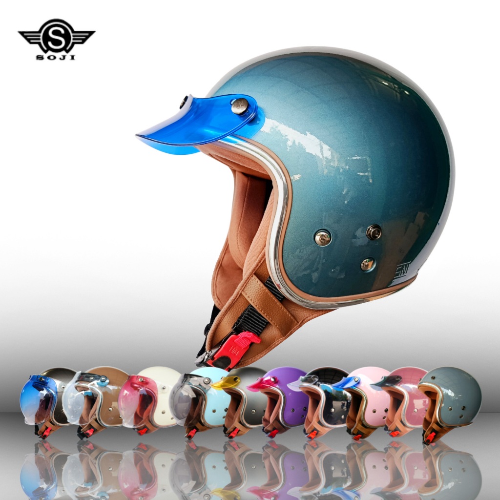 SOJI Raya Helm Retro Wanita Hijab Dewasa Warna SNI Original Pakai PET JAPAN BIRU helem bogo Ori