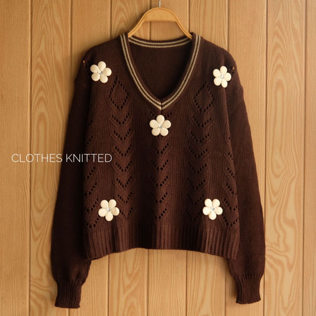 Sweater Rajut V neck Cable Sido Motif Bunga Timbul Wanita Korea