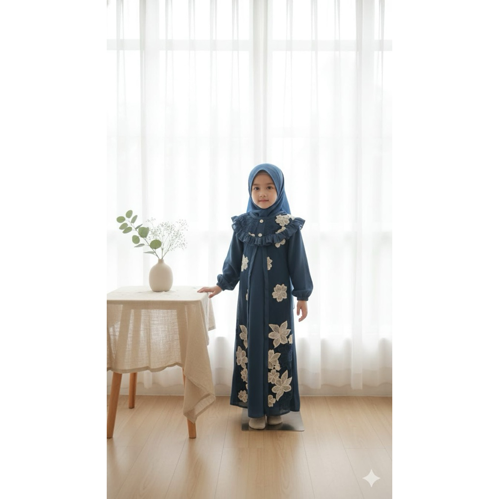 gamis anak tanggung set hijab bahan yoris mix tile