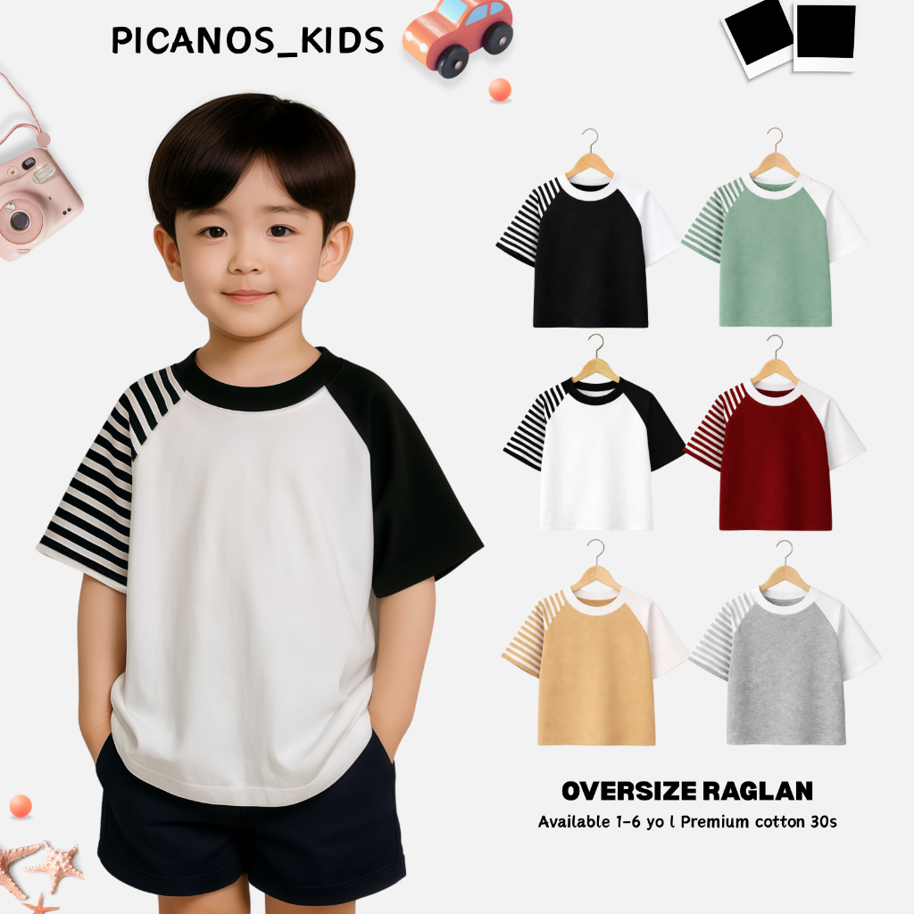 PICANOS KIDS - Kaos Raglan Anak Laki Laki / Kaos Reglan Oversize Polos Salur / Kaos Anak Oversize PS