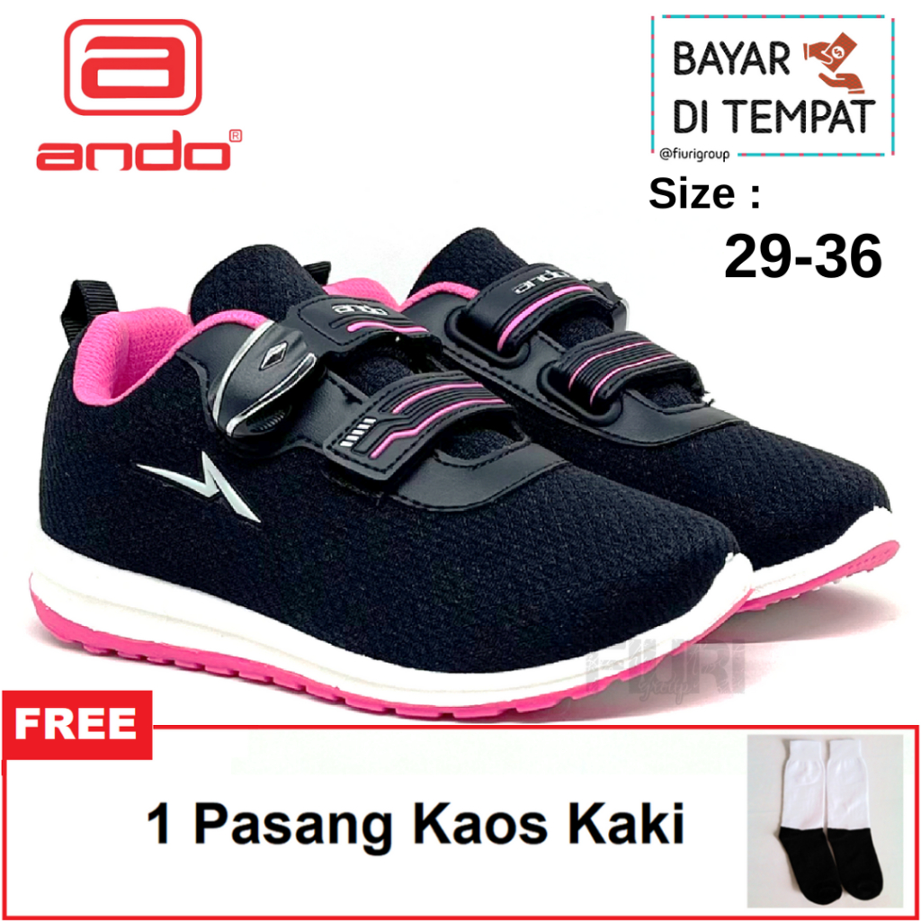 FIURI - ANDO ORIGINAL - ARLYN PEREKAT 29-36 HITAM PINK -  SNEAKERS KANVAS KRETEKAN MAGNET SOL KARET 