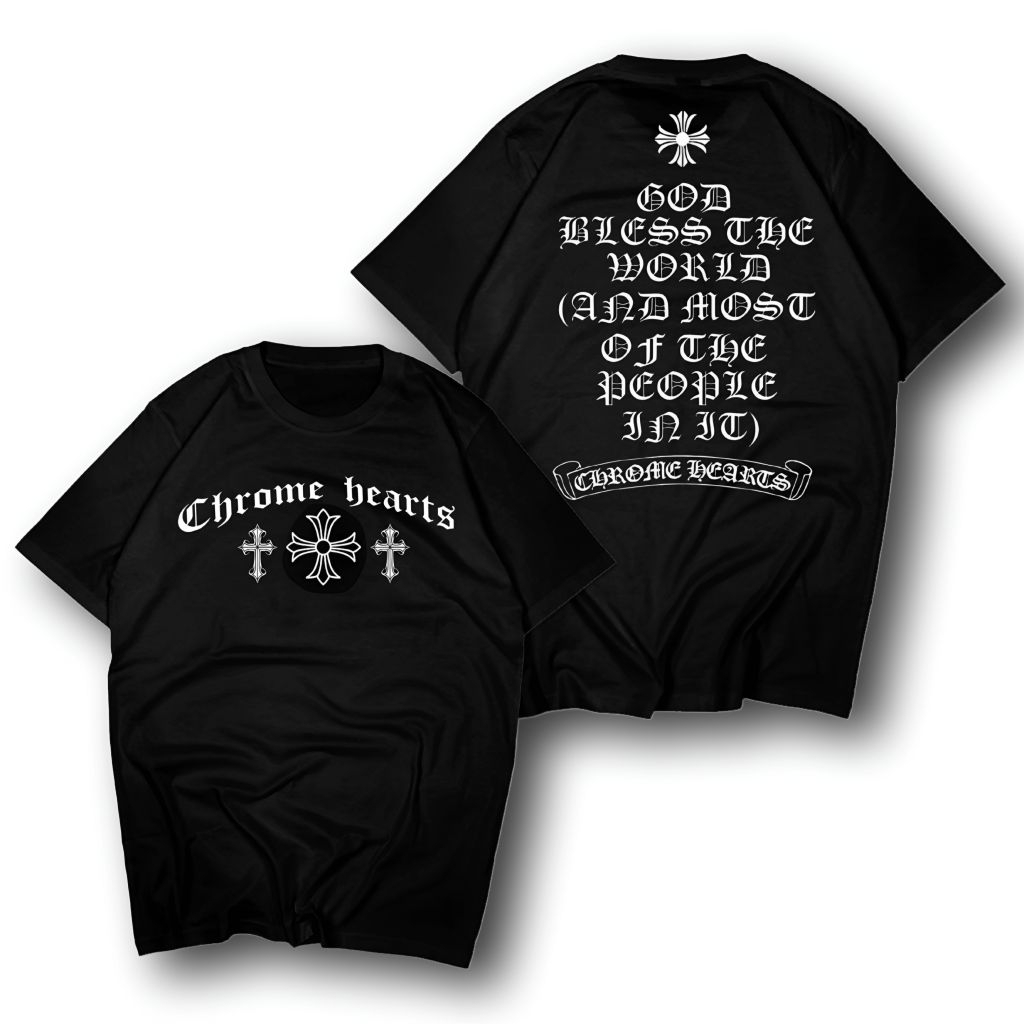 T Shirt Kaos Chrome Hearts Gothic Cross “God Bless The World” Black Tee – Sacred Street Edition