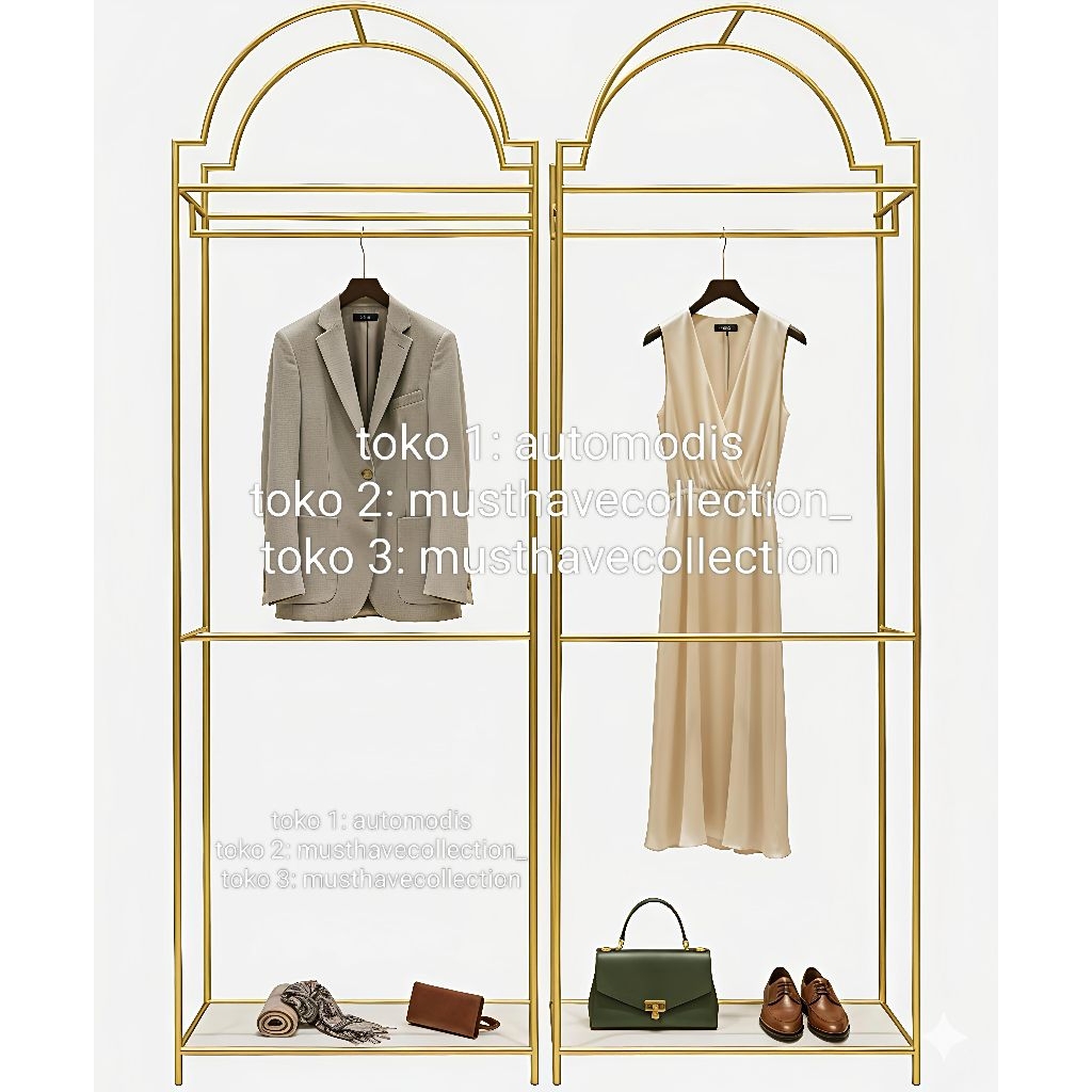 GAWANG HANGER GANTUNGAN BAJU DISPLAY ETALASE PAJANGAN EMAS CUSTOM TIANG JUALAN RAK JUALAN STANDING M
