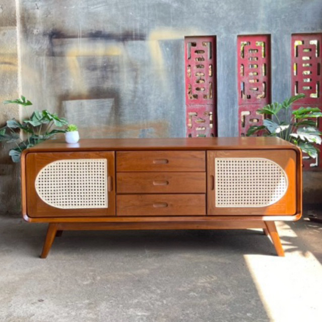 Meja TV Kayu Jati Kombinasi Rotan Asli, Bufet TV, Lemari TV Kayu Jati