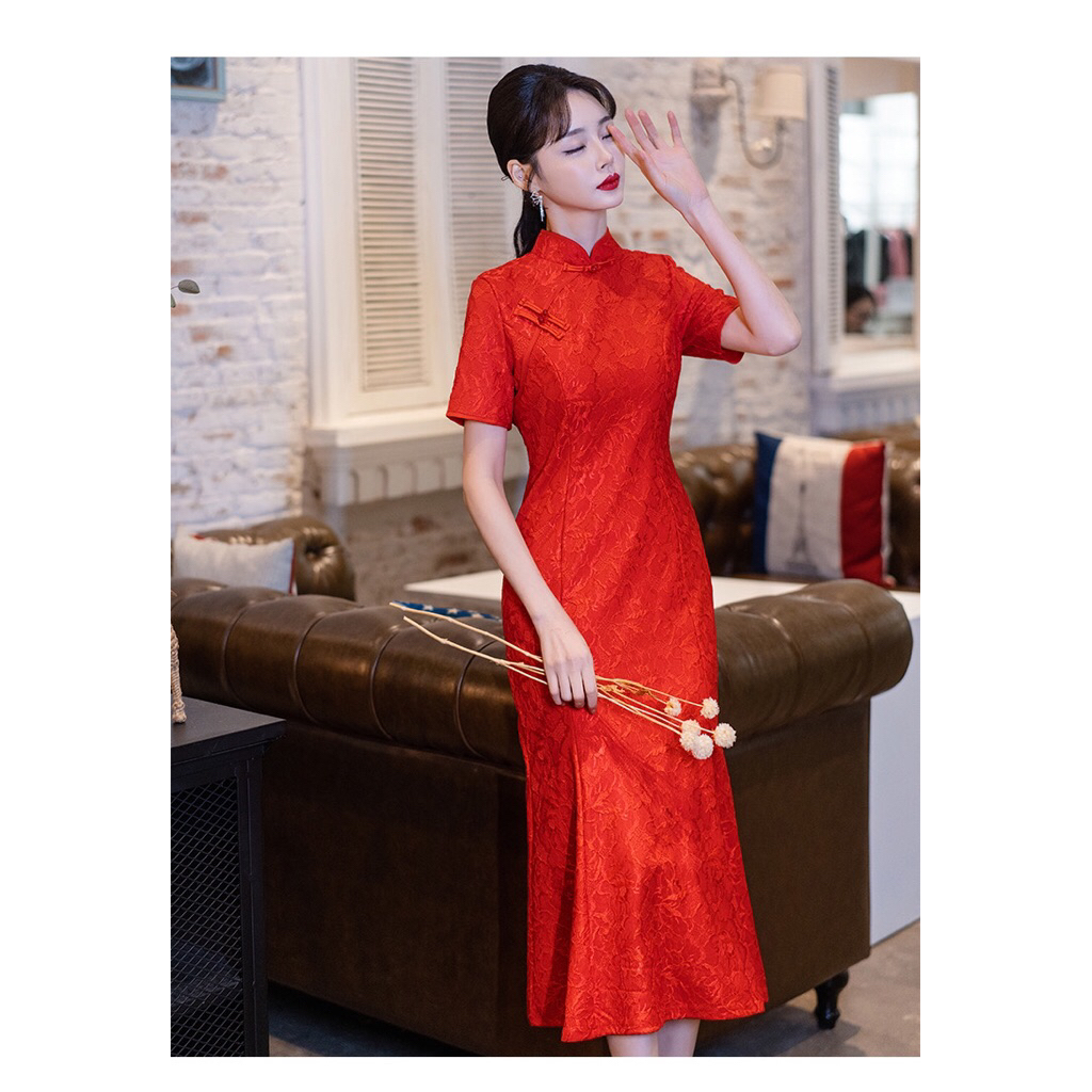 Dress Cheongsam Wanita Panjang Elegan Lengan Pendek