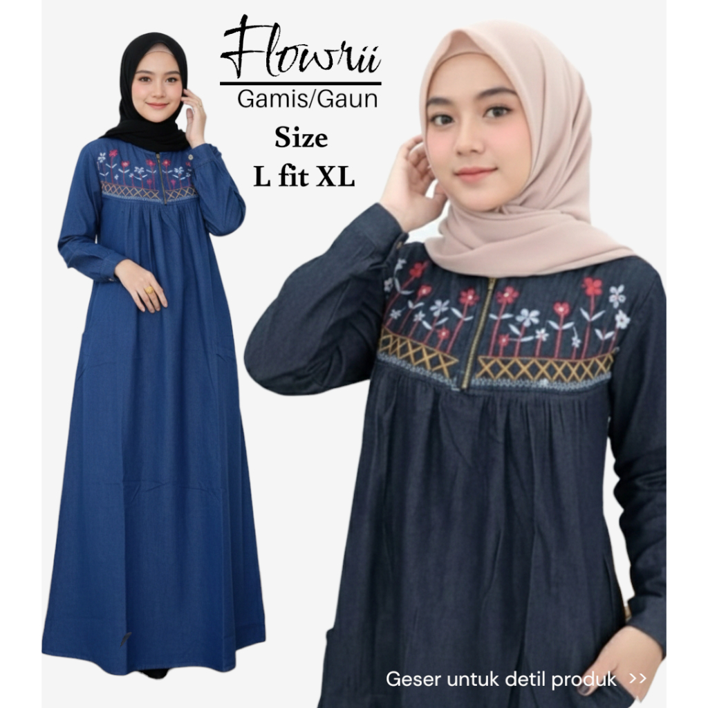 Gamis Denim Bordil Bunga fit L to XL Gamis Wanita Gaun Warna Hitam dan Warna BIru bisa COD