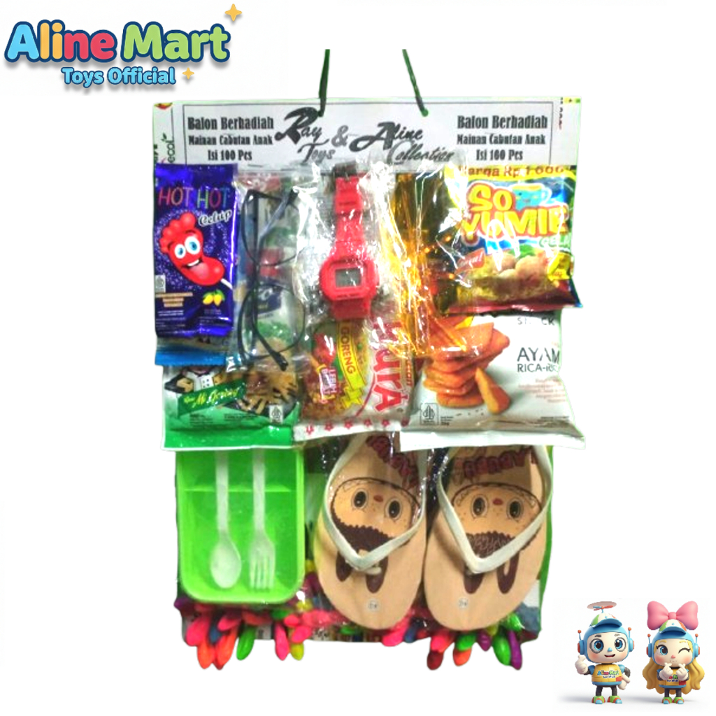 Pasangan Lotre Jajan Berhadiah Sandal Jam Kacamata Tempat Makan Isi 100 Balon