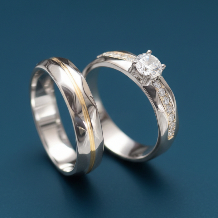 Yuke Jewelry - Cincin Kawin/Couple Bahan Perak - Emas - Palladium - Platinum Silver & Gold Combine