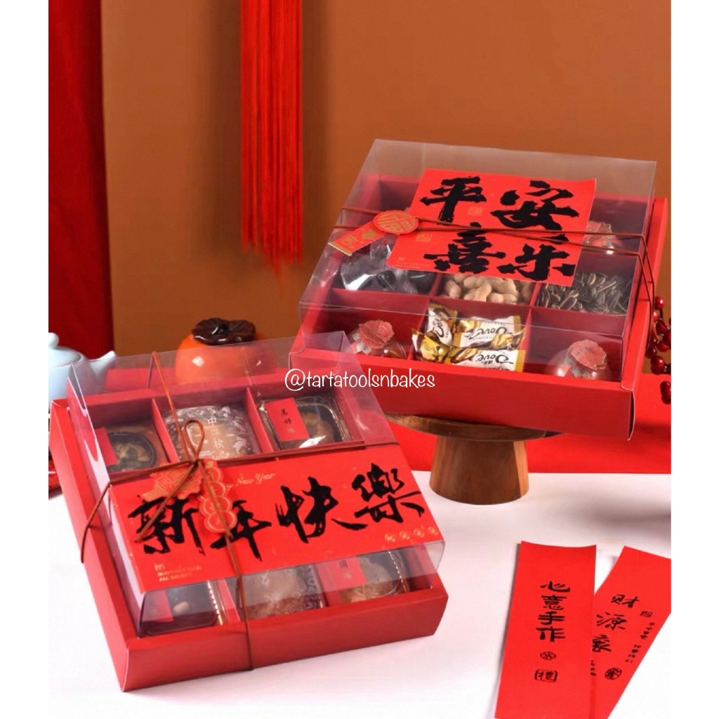 Box Hampers Merah Sekat | Kotak Mika Sekat 9 Merah | Kardus Kue Imlek | Natal