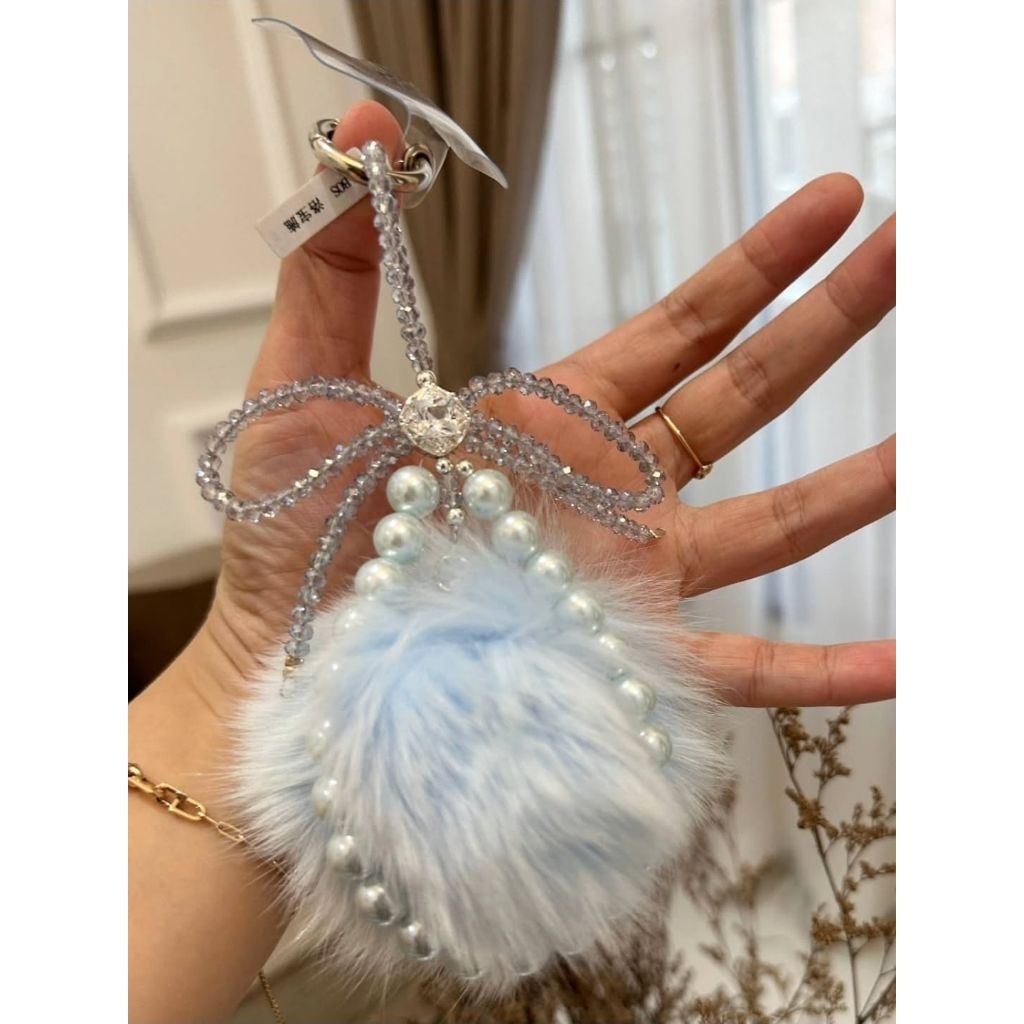 (NEW) Fur pompom mix swaroski Bag charm/phone charm