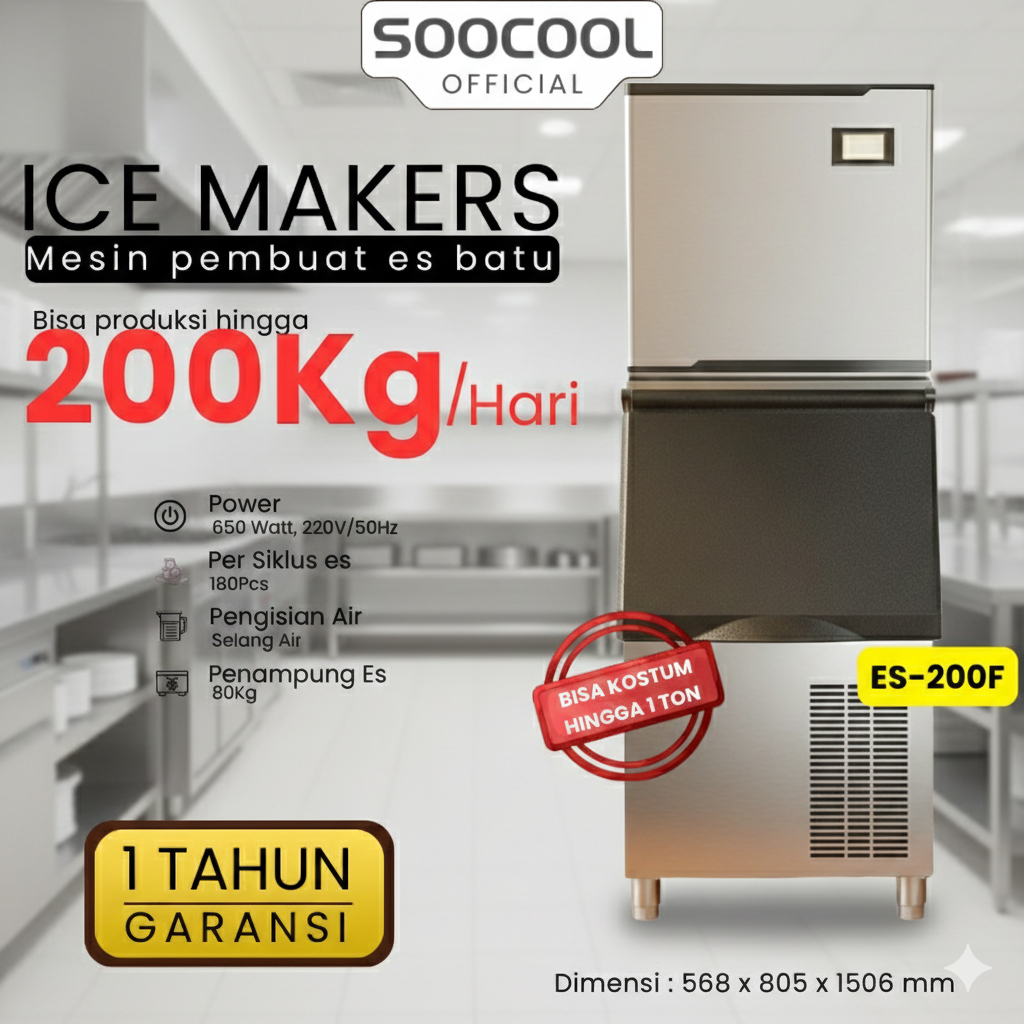 Mesin Es Batu Komersil SOOCOOL Ice Makers, 200-250 Kg Mesin Pembuat Es Batu Kapasitas Besar