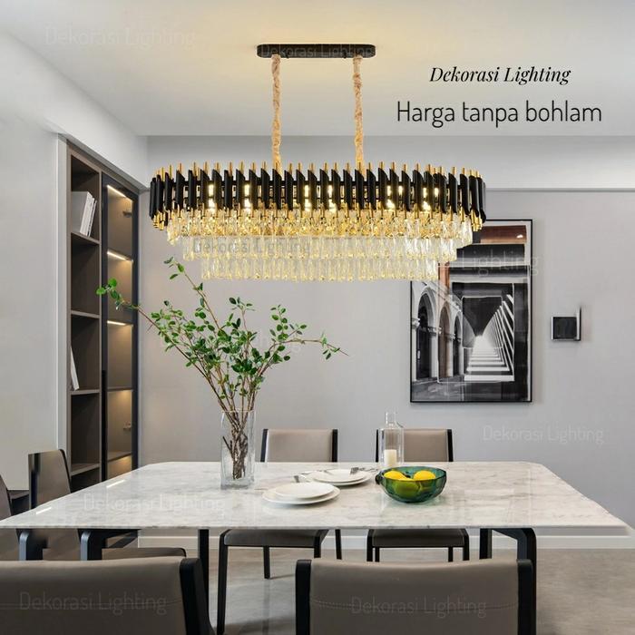 Lampu gantung kristal hitam gold 100cm panjang 15 lampu kristal 3susun