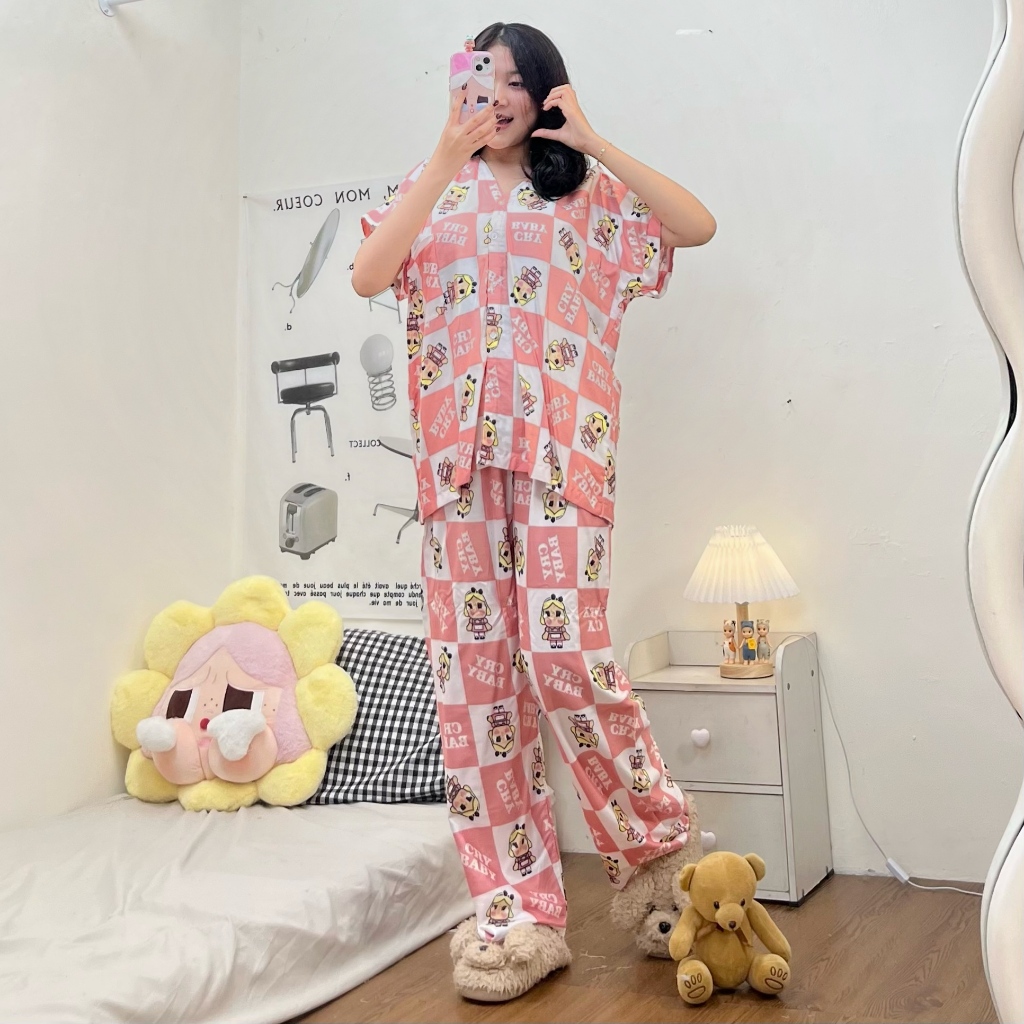 Sapasara - Piyama Jumbo Bali LD 120 Setelan Baju Tidur Wanita Kancing Depan Lengan Pendek Celana Pan