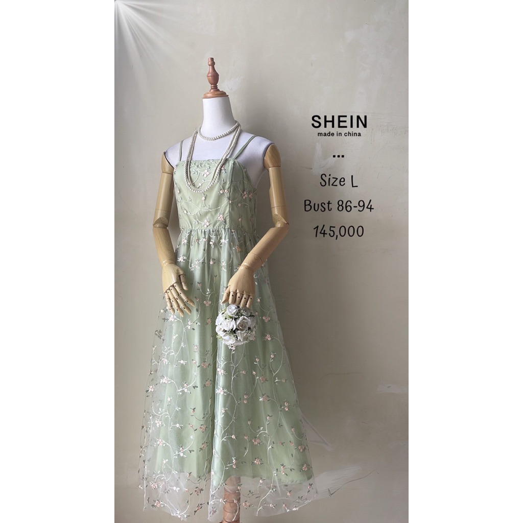 Midi dress setali tile tutu bordir bunga hijau mint premium murah