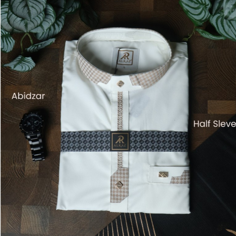 Koko Pria Lengan Pendek Alraz Abidzar Light Cream Bordir  Katun Premium