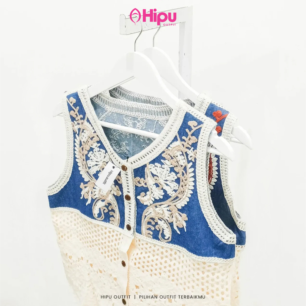 HIPU | Rompi Wanita Bordir V-neck Vest Denim Jeans Full Bordir Crochet Bungan Elegan