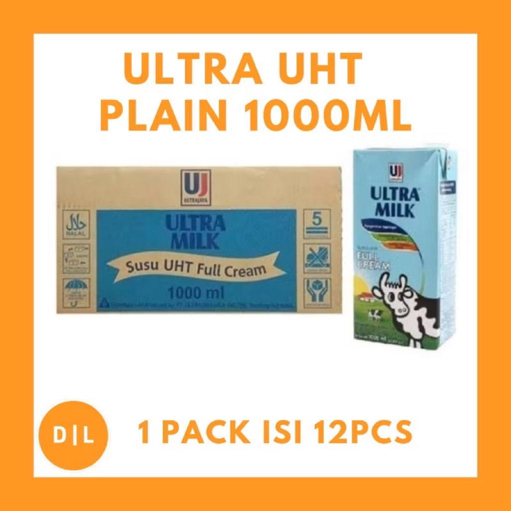 Susu ultra milk plain full crem UHT 1000 ml / dos isi 12 / karton 1 Liter / 1liter 1000ml
