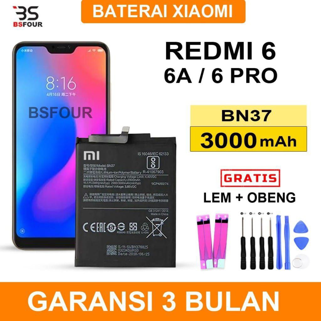 BATRE BATERAI HP XIAOMI REDMI 6 REDMI 6A/ REDMI 6 PRO BN37 GERATIS OBENG 8IN DAN LEM BATRE ORIGINAL