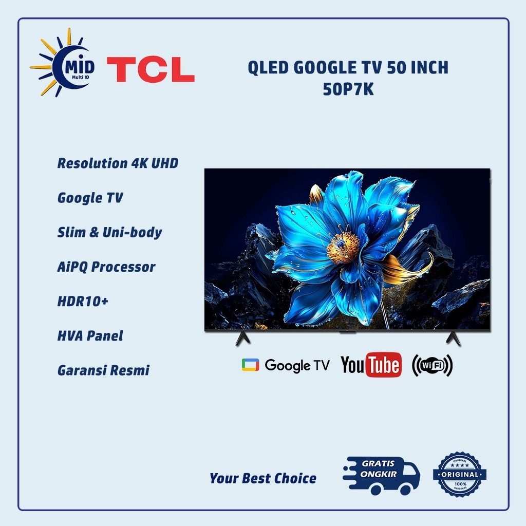TCL QLED 50 Inch Google TV 50P7K | TCL 50 Inch Google TV | QLED TV TCL Garansi Resmi | Processor | H