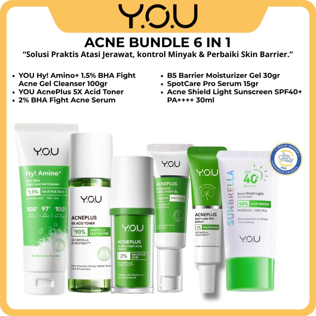 YOU AcnePlus Acne Shield 6 in 1 Skincare Jerawat Lengkap + Sunscreen SPF40+
