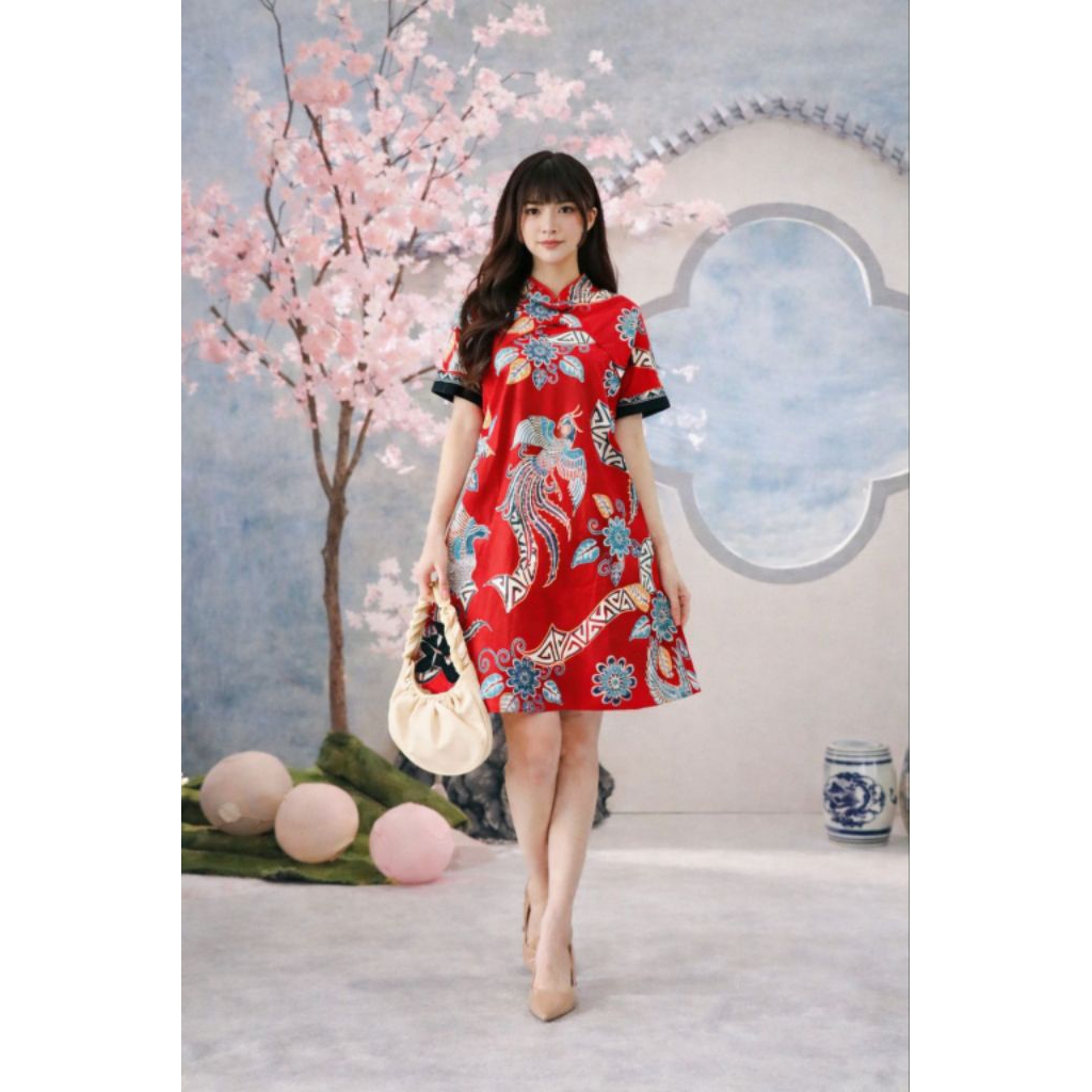 Dress Batik Cheongsam Imlek Cny Qupao Modern Pesta Party Kondangan Wanita Katun Stretch