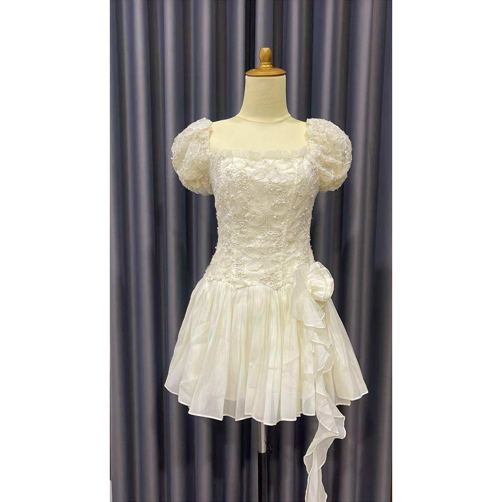 Dress Wanita Mini Elegan Brokat Timbul Puff Sleeve Pesta Kondangan