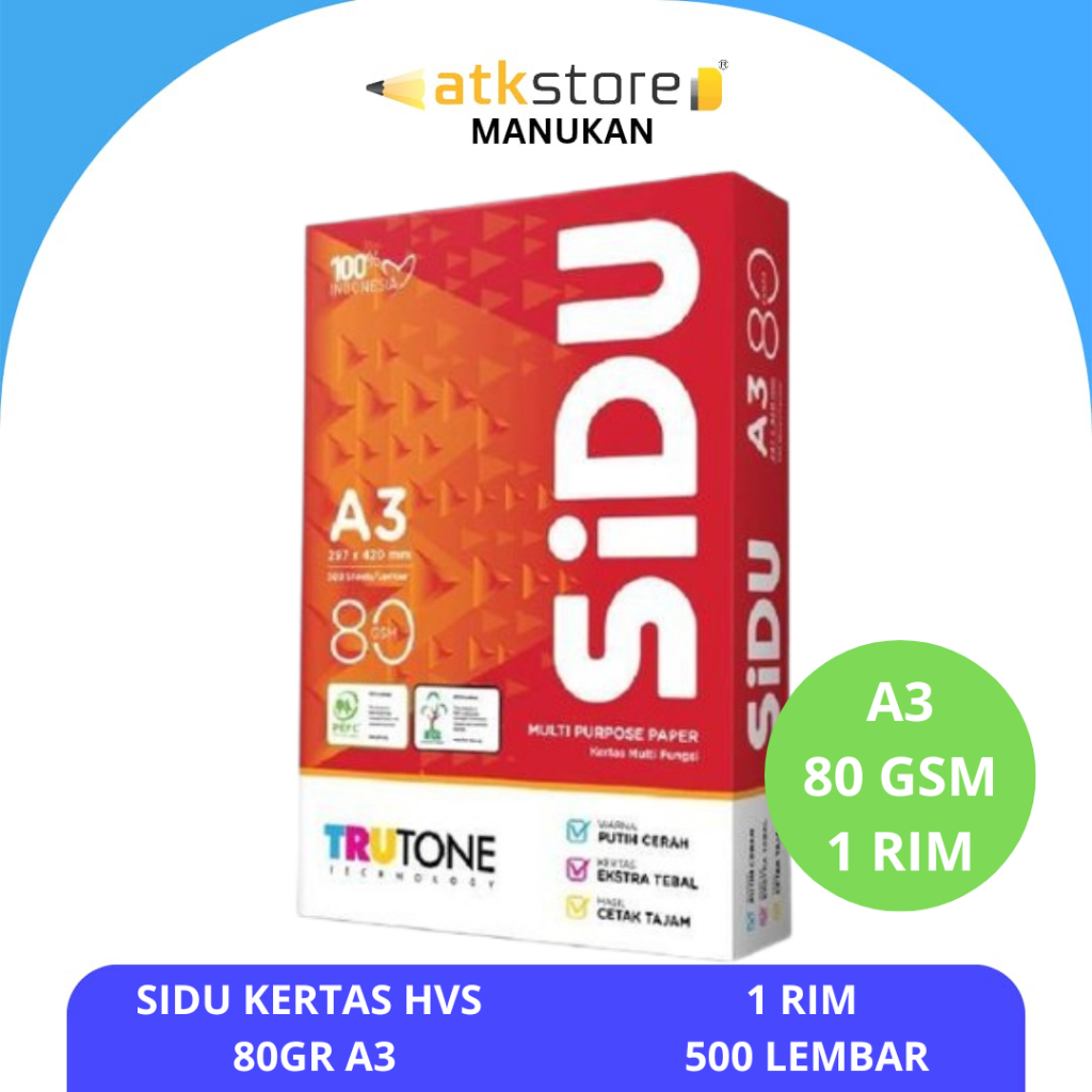 [1 RIM] Sidu Kertas A3 80gr Copier 1 Rim (500 Lembar) Kertas Hvs A3 Kertas Fotocopy - Sidu Kertas HV