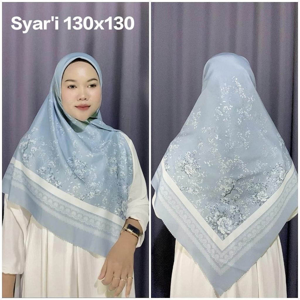 KERUDUNG SYAR'I JUMBO HIJAB SEGI EMPAT VOAL MOTIF BUNGA KALISTA BIRU MUDA