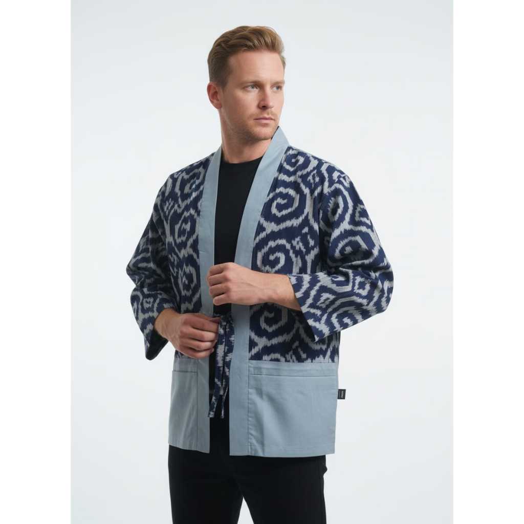 Etniq Craft Daiki Kimono Tenun Kombinasi-Navy Outer Pria Etnik dan Unik